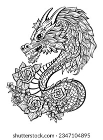 Chinese Dragon Vector Tattoo Outline Illustration. Mythical Creature Black and White Clipart Ink Sketch for Sublimation. Isolated Serpent Drawing Year of the Dragon Wall Art Poster