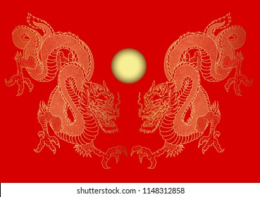Chinese Dragon vector.Lucky Dragon golden pattern on red background.