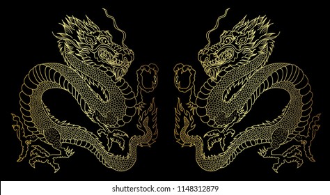 Chinese Dragon vector.Lucky Dragon golden pattern on red background.