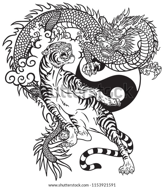 中国の竜と虎 陰陽記号を含む白黒のタトゥーベクターイラスト のベクター画像素材 ロイヤリティフリー
