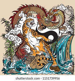 Chinese dragon versus tiger in the landscape with waterfall , rocks ,plants and clouds . Two spiritual creatures in the Buddhism. Vector illustration included Yin Yang symbol