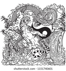 Chinese dragon versus tiger in the landscape with waterfall , rocks ,plants and clouds . Two spiritual creatures in the Buddhism. Black and white vector illustration included Yin Yang symbol