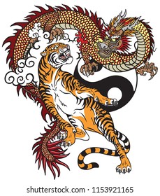 Chinese dragon versus tiger. Tattoo vector illustration included Yin Yang symbol