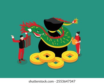 Chinese Dragon with Wealth Symbols and Traditional Characters 3d isometric vector illustration