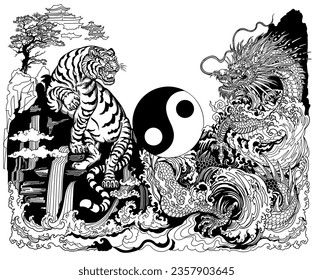 Dragón chino y el Encuentro de Tigres Blancos en la Cascada. Animales celestes feng shui. Criaturas mitológicas unas frente a otras rodeadas de olas de agua. Símbolo de Yin Yang. Vector blanco y negro