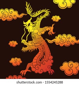 Chinese dragon yellow-red gradient on a brown background. Vector graphics.