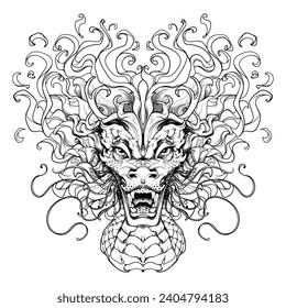 Chinese Dragon. Zodiac symbol of the New Year 2024. Hand-drawn black line illustration isolated on a white background.