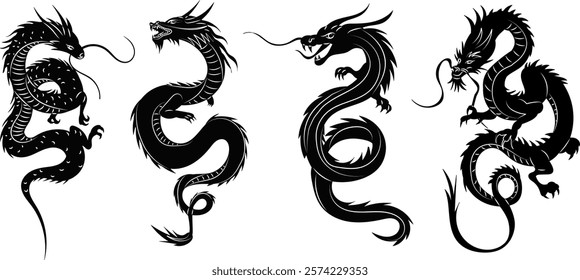 chinese dragons black silhouette vector