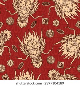 Chinese dragons colorful seamless pattern with gold coins and yin yang symbol near reptile symbolizing wealth and prosperity vector illustration