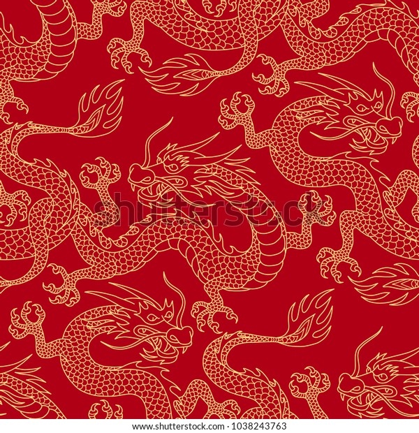 Chinese dragons fighting, gold\
outlines on red. Seamless pattern for textile and\
decoration\
