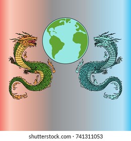 Chinese dragons, Fire and Ice. Earth globe. Hand drawn vector sketch illustration.