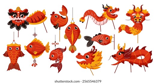 Chinese dragons and fishes decorations on sticks flat color vector objects set. Celebration of lunar New Year illustration on white background