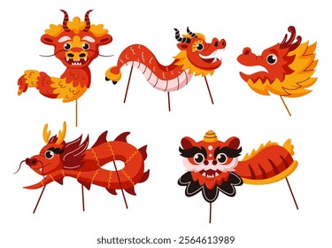 Chinese dragons and lion dancing puppets flat color vector objects set. Rich traditions of lunar New Year festival illustration on white