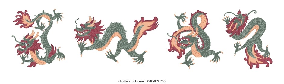 dragones chinos con boquillas y cola y garras reptilianas. Criaturas aisladas de folclore o cuentos de China, símbolo de la celebración del año nuevo 2024. Aterradores demonios o bestias. Vector en ilustración de estilo plano