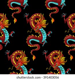 Chinese dragons on a black background. Vector seamless pattern