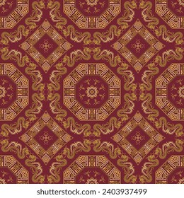 Los dragones chinos ornamentan un hermoso patrón sin costuras. Fondo decorativo rojo vectorial con mandalas de dragón dorado, meandros, rhombus, marcos. Hermoso ornamento moderno 2024 años del dragón.