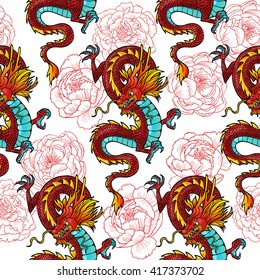 Chinese dragons and peonies. Vector seamless pattern
