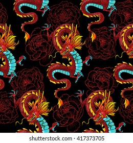 Chinese dragons and peonies. Vector seamless pattern