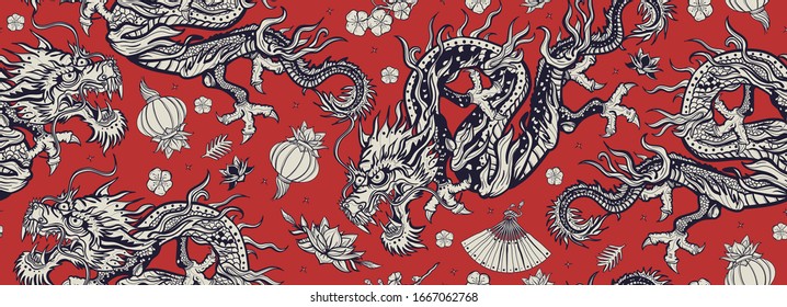 Chinese dragons seamless pattern. Ancient China history and culture. Flying snakes, pink fan, red lantern and lotus flowers. Asian travel background. Oriental art 