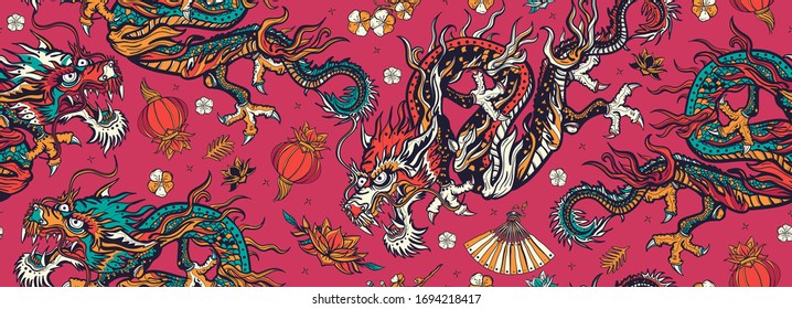 Chinese dragons seamless pattern. Ancient China history and culture.  Asian travel background. Oriental art. Flying snakes, pink fan, red lantern and lotus flowers 