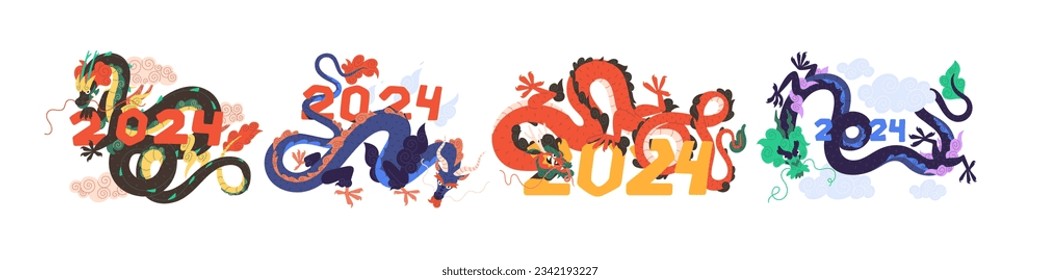 Chinesische Drachen setzen, Symbol für das neue Jahr 2024. Orientalisch-asiatisches Tierchen. Mystisches altes Reptil. Orient Mythologie Fantasy Monster. Flache grafische Vektorgrafiken einzeln auf weißem Hintergrund