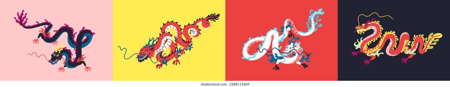 Chinese dragons set. Ancient Asian traditional animal. Mythical monster with long tail from China legend, myth. Oriental fairytale fantasy reptiles, eastern fiction lizards. Flat vector illustrations