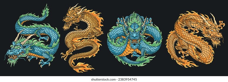 Los dragones chinos establecen los lotipos coloridos con un depredador mítico dorado y azuro con patas cortas e ilustración vectorial de los cuernos