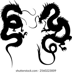 chinese dragons silhouette on white background, vector