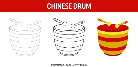 Chinese Drum tracing and coloring worksheet for kids