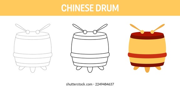 Chinese Drum tracing and coloring worksheet for kids