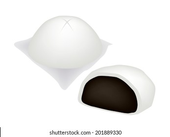 Chinese Dumpling, Steamed Bun Stuffed With Sweet Black Bean Cream Isolated on White Background. 