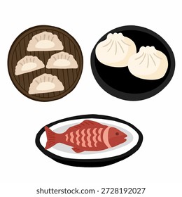 Bola de masa china y pescado al vapor
