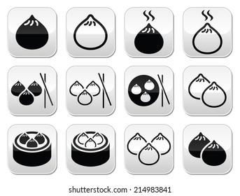 Chinese dumplings, Asian food Dim Sum vector buttons set 