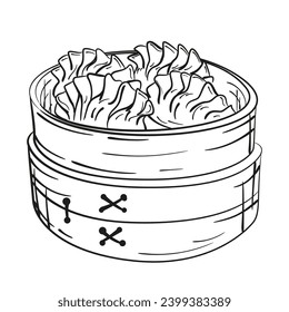 Chinese dumplings in bamboo steamer. Traditional Asian food. Hand drawn vector illustration.