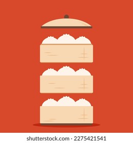 Chinese dumplings design. Chinese dumplings is Chinese food. Bao cartoon. Chinese bamboo steamer basket vector isolated.