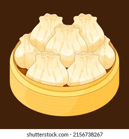 Chinese dumplings dimsum in a bamboo steamer (Hakau, Ha kauw or Har gow) illustration vector.