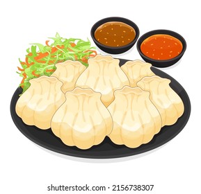 Chinese dumplings dimsum in a bamboo steamer with sauce (Hakau, Ha kauw or Har gow) illustration vector.