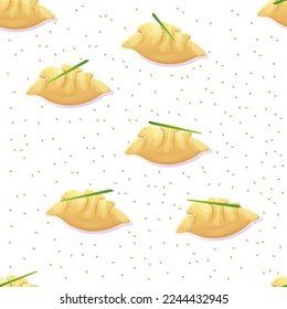 Chinos sin soldadura Jiaozi patrón sin fisuras. Ilustración de comida asiática al estilo de las caricaturas