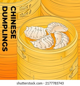 Chinese dumplings. Menu design template. Vector illustration. Chinese dumplings and buns in a traditional bamboo steamer