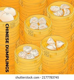 Chinese dumplings. Menu design template. Vector illustration. Chinese dumplings and buns in a traditional bamboo steamer