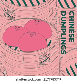 Chinese dumplings. Menu design template. Vector illustration. Chinese dumplings and buns in a traditional bamboo steamer