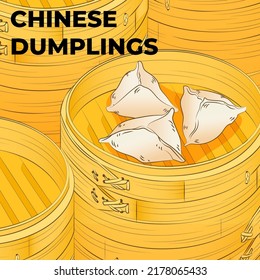 Chinese dumplings. Menu design template. Vector illustration. Chinese dumplings and buns in a traditional bamboo steamer