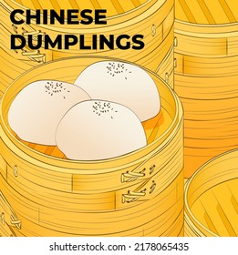 Chinese dumplings. Menu design template. Vector illustration. Chinese dumplings and buns in a traditional bamboo steamer