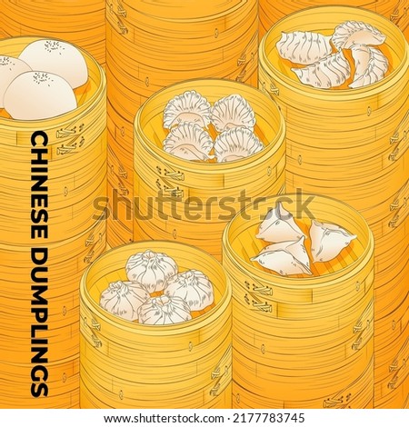 Chinese dumplings. Menu design template. Vector illustration. Chinese dumplings and buns in a traditional bamboo steamer