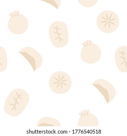 Chinesische Knödel nahtlos Muster. Dimsum, Gyoza oder Mo. asiatische Küche Hintergrund für Verpackungen oder Web. Vektorflache Illustration.