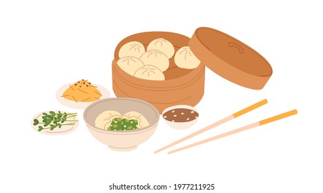 Chinese dumplings served in traditional box with sesame sauce bowl and chopsticks. Asian dough food with green filling. Colored flat vector illustration of tasty meal isolated on white background