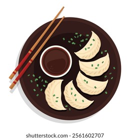 Chinese dumplings and soy sauce on a plate with chopsticks, traditional Asian food, isolated