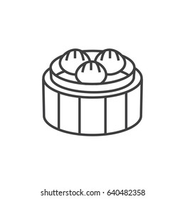 Chinese dumplings in the wooden steamer. Dim sum outline icon.