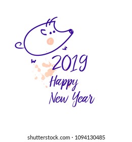Chinese earth boar of horoscope sign. Happy new year. Sketch blue line silhouette pig. Greeting card in 2019. Vector illustration.  
