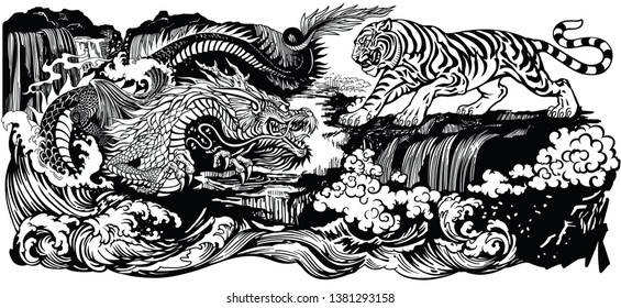 Chinese East Asian dragon versus tiger in the landscape with waterfall and water waves . Two spiritual creatures in the Buddhism representing the spirit heaven and matter earth. Black and white vector